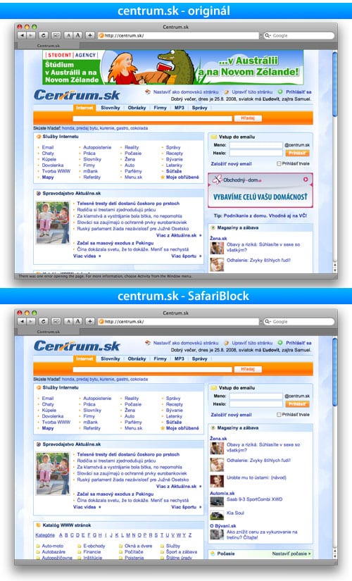 SafariBlock, Safari Block, safari, internet, reklama, centrum, centrum.sk