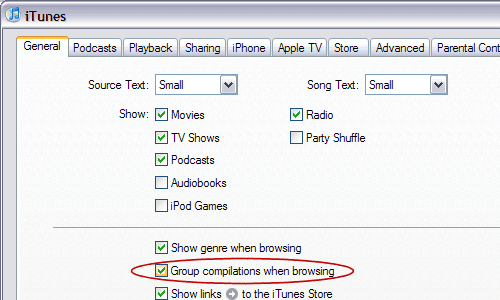 „Jednopesničkoví“ autori sa zobrazia ako „Compilation“ po nastavení Edit>Preferences>Group compilations when browsing.