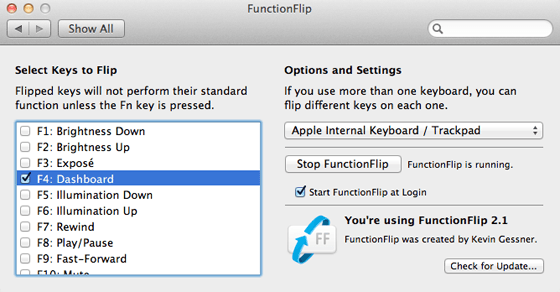 FunctionFlip: nastavenie správania klávesy F4