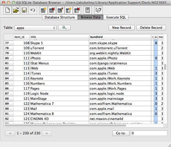 Databáza aplikácií v Launchpade zobrazená v SQLite Database Browseri