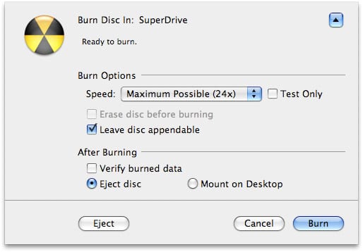 Napaľovanie Mac OS X Disk Utility