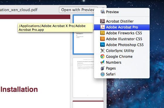 Quick Look výber aplikácie, v ktorej sa otvorí PDF