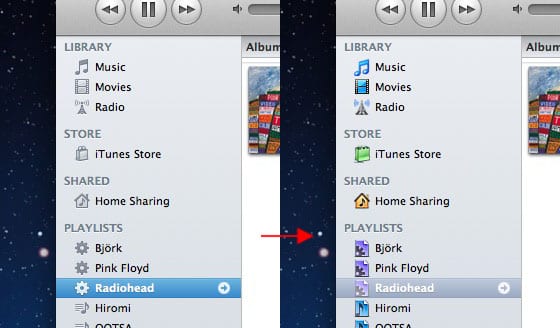 farebný ľavý bočný panel iTunes