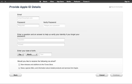 Registrácia Apple ID – kontaktný formulár.