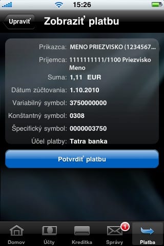 Tatra banka iPhone aplikacia internet banking