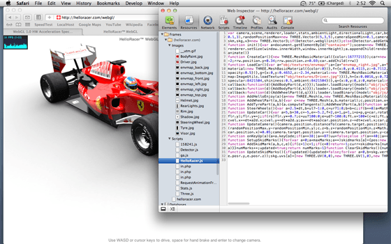 ukážka WebGL Hello Racer + Safari Web Inspector