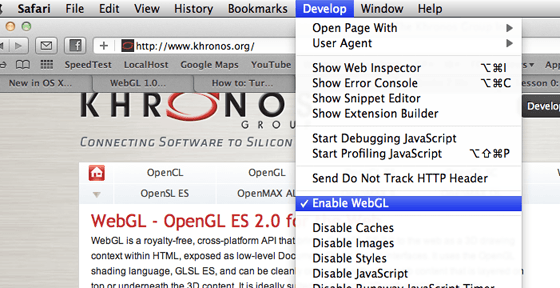 Aktivácia WebGL: Safari menu – Develop – Enable WebGL
