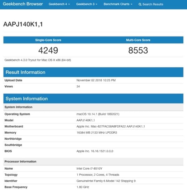MacBook Air Core i7 Geekbench