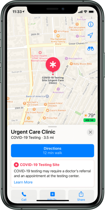 Apple Maps Covid-19 Testing Site