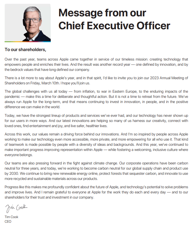 2023 Shareholders Message from CEO Tim Cook