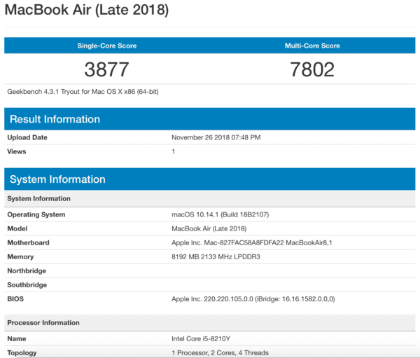 MacBook Air Late 2018 Benchmark MacBook Air Late 2018 Benchmark